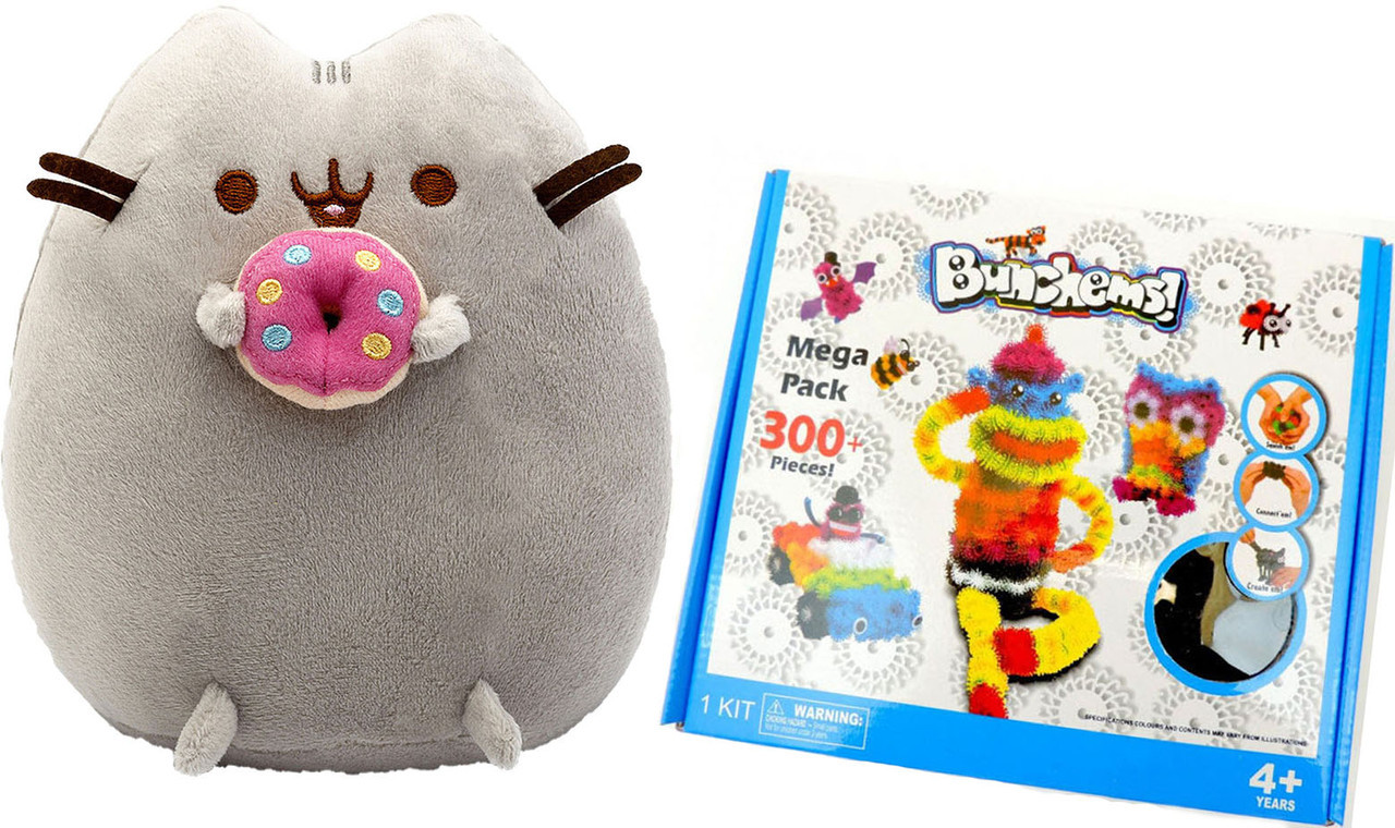 М' яка іграшка котика з пончиком в лапках Pusheen cat і конструктор Bunchems 300 деталей (n-894)