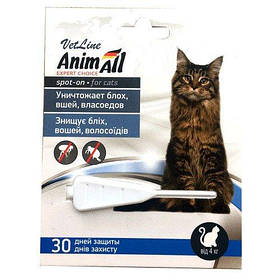 Краплі AnimAll VetLine Спот він проти бліх, вошей, волосоїдів для котів від 4 до 8 кг, 1 мл