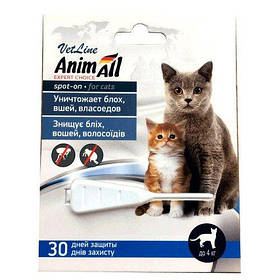 Краплі AnimAll VetLine Спот він проти бліх, вошей, волосоїдів для котів до 4 кг, 0.5 мл
