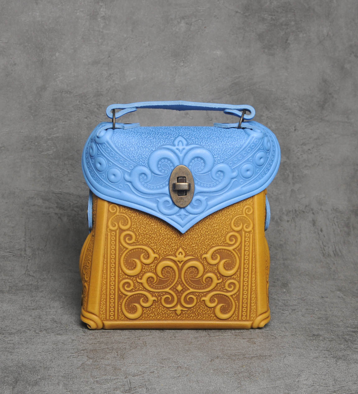 Шкіряний міні рюкзак-трансформер "Венеція" блакитно-жовтого кольору, 17х19х7 см, фото 1