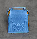 Шкіряний синьо-жовтий рюкзак ручної роботи, сумочка-рюкзак з авторським тисненням у стилі бохо, фото 6