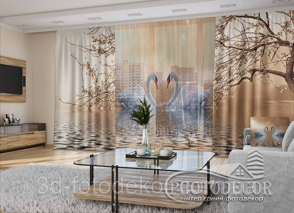 3D - Фото Штори і тюль "Безмовність лебедів" - будь-який розмір. Читаемо опис!