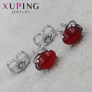 Серьги пуссеты гвоздики  Белое Золото  размер 7Х9 мм  фирма Xuping Jewelry красные овалы в оправе на серебре