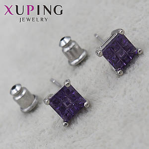 Серьги пуссеты гвоздики  Белое Золото размер 7Х7 мм  фирма Xuping Jewelry сиреневые квадратики на серебре