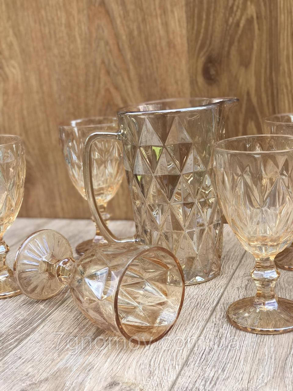 Набір 6 келихів з графіном з товстого кольорового скла золотий Ізольда