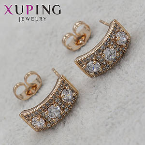 Серьги гвоздики пуссеты  позолота размер 15 Х 6 мм фирма Xuping Jewelry золотистые полукруги с кристаллами