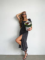 Ніжне літнє плаття міді в горошок із розрізом на нозі в 3 кольорах, збоку потайна блискавка