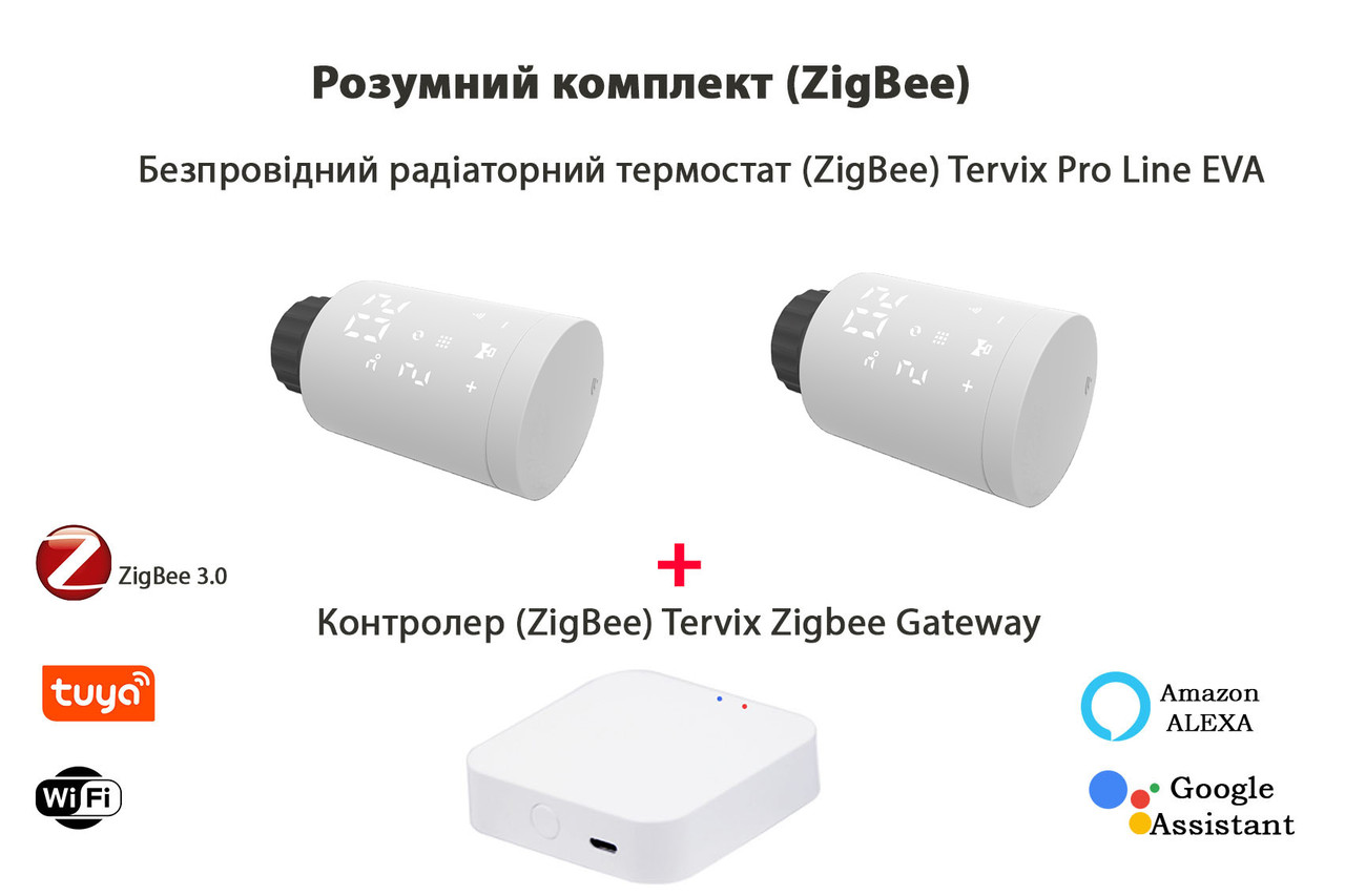 Комплект термоголовки Tervix ProLine EVA (2 шт)+контроллер Tervix ZigBee Gateway - фото 1 - id-p1270445380