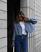 Стильный укороченный женский тренч на пуговицах; ткань: джинс коттон