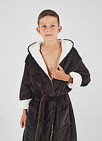Дитячий махровий халатик для хлопчика на запах з капюшоном шоколад з кремом
