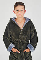 Дитячий махровий халатик для хлопчика на запах з капюшоном хакі з сірим
