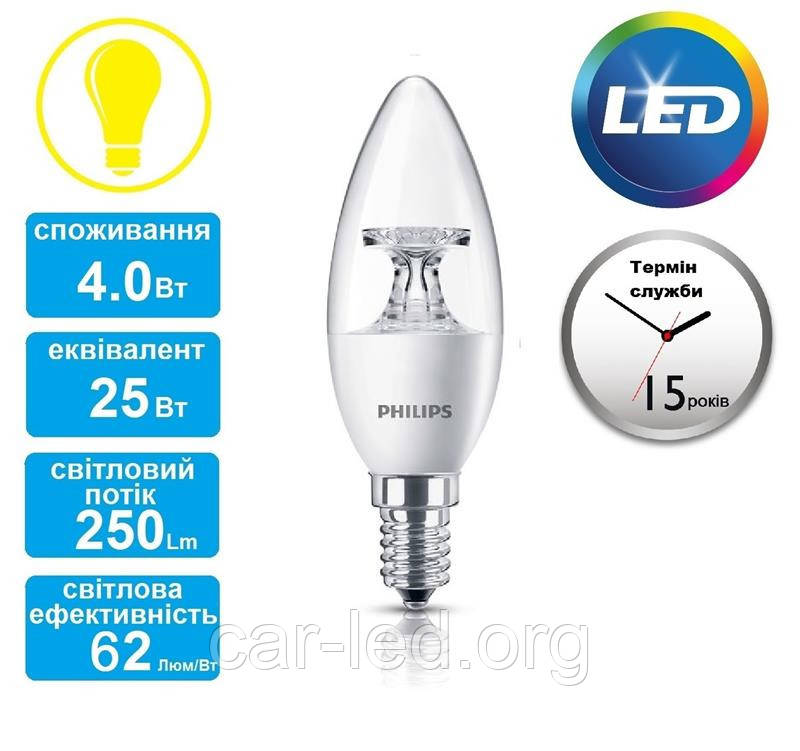 Лампа світлодіодна PHILIPS_LED 4-35W (250Lm) 2700K 230V B35 CL_E14