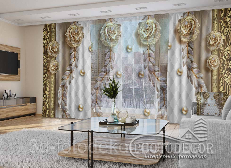 3D - Фото Штори і тюль "3D Троянди з візерунками" - будь-який розмір. Читаемо опис!, фото 1
