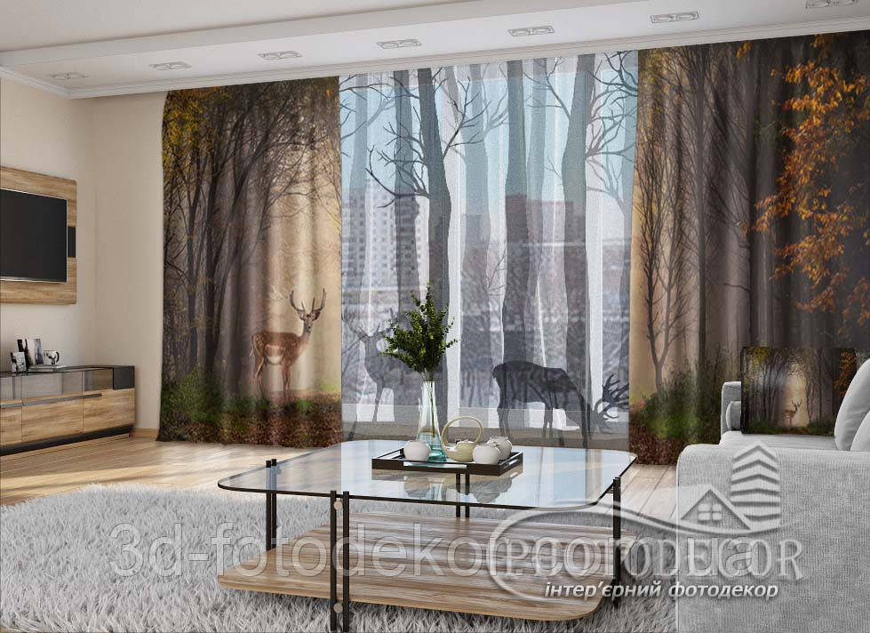 3D - Фото Штори і тюль "Олені у лісі" - будь-який розмір. Читаемо опис!