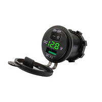 Гніздо під 1 USB+ Вольтометр DC 12-24V/5V підсвічування з різьбленням P-10 GREN QC 3.0 (вимикач)