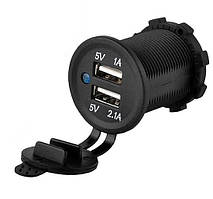 Гніздо прикурювача під 2 USB DC 12-24V/5V 2,1-1A, синій індикатор з різьбленням