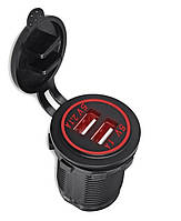 Гніздо прикурювача під 2 USB DC 12-24V/5V 2,1-1A, підсвітка з різзю SF-50-2 RED