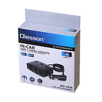 Прикурка-тройник з подовжить. Olesson 1636 Чорна 12/24V 100W/2USB+3 вимикача