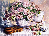 Алмазная вышивка. Набор "Скрипка и розы" 54*40 см, полная выкладка, 50 цветов