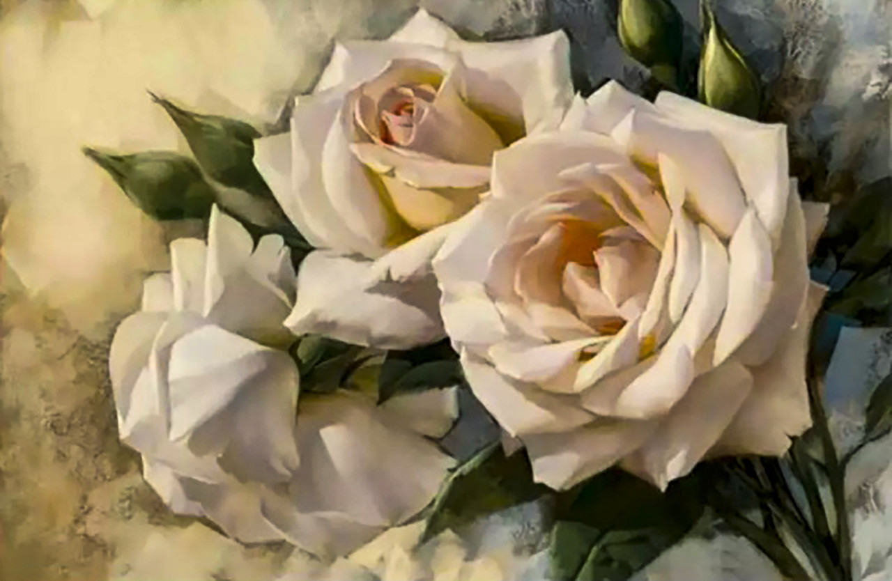 Алмазная вышивка. Набор "Белые винтажные розы" 38*25 см, полная выкладка, 37 цветов