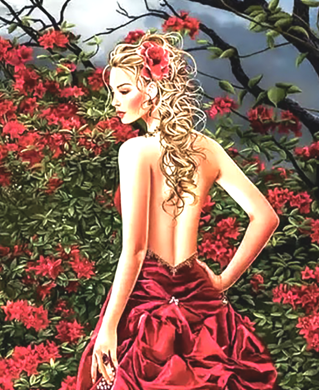 Алмазна вишивка. Набір "Дівчина в рожевому саду" 52*63 см, повна викладка, 49 кольорів