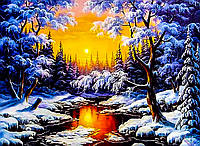 Алмазна техніка малювання камінням. Набір "Захід сонця в зимовому лісі" 54*40 см, повна викладка, 37 кольорів
