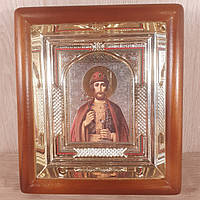 Икона Бориса святого благоверного князя, лик 10х12см, в светлом прямом деревянном киоте с арочным багетом