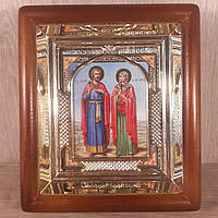 Икона Адриан и Наталья святые мученики, лик 10х12 см, в светлом прямом деревянном киоте с арочным багетом