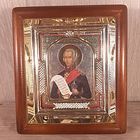 Икона Федор святой, лик 10х12 см, в светлом прямом деревянном киоте с арочным багетом