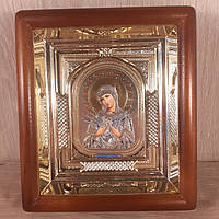 Икона Семистрельная Пресвятая Богородица, лик 10х12 см, в светлом прямом деревянном киоте с арочным багетом