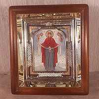 Икона Покров Пресвятой Богородицы, лик 10х12 см, в светлом прямом деревянном киоте с арочным багетом