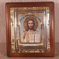 Икона Господа Вседержителя, лик 10х12 см, в светлом прямом деревянном киоте с арочным багетом