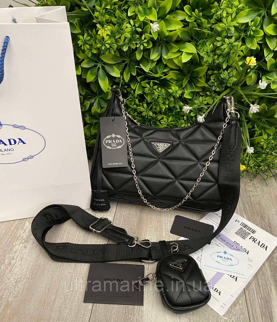 Модна Модна жіноча чорна стьобана сумка Prada Прада 2 в 1