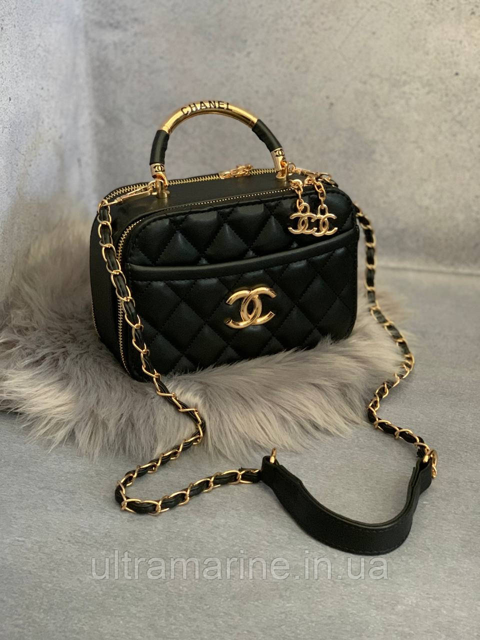Модна жіноча Чорна шкіряна сумка Chanel Шанель