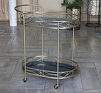 Сервірувальний золотий столик на колесах з металу з чорною скляною стільницею Гранд Презент 50158A