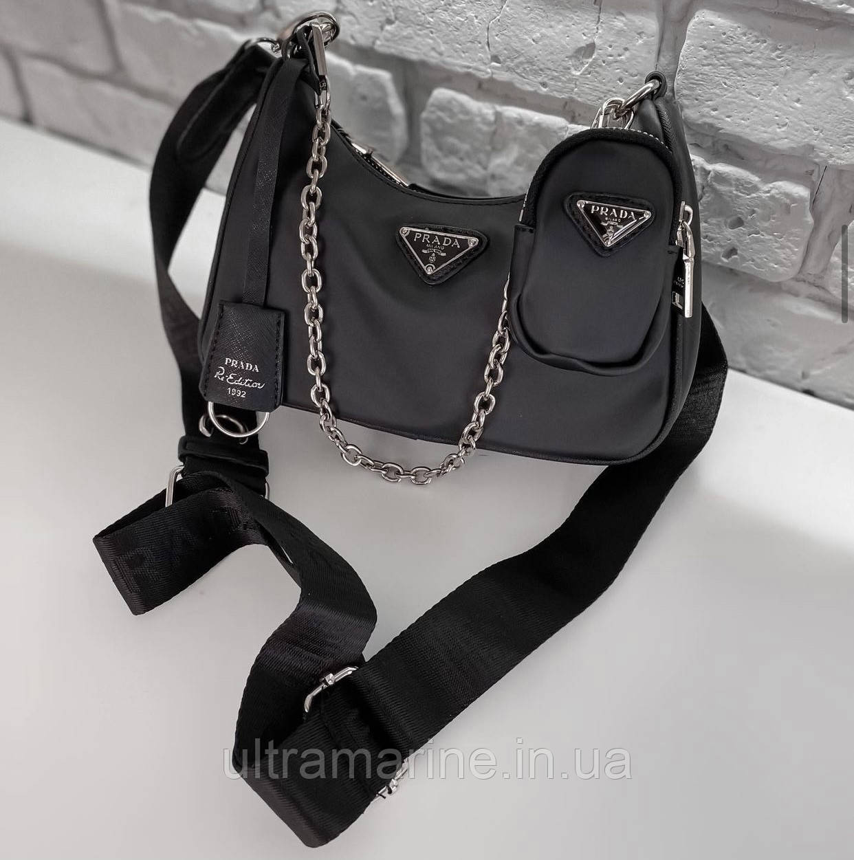 Модна жіноча нейлонова чорна сумка Prada Прада 2 в 1