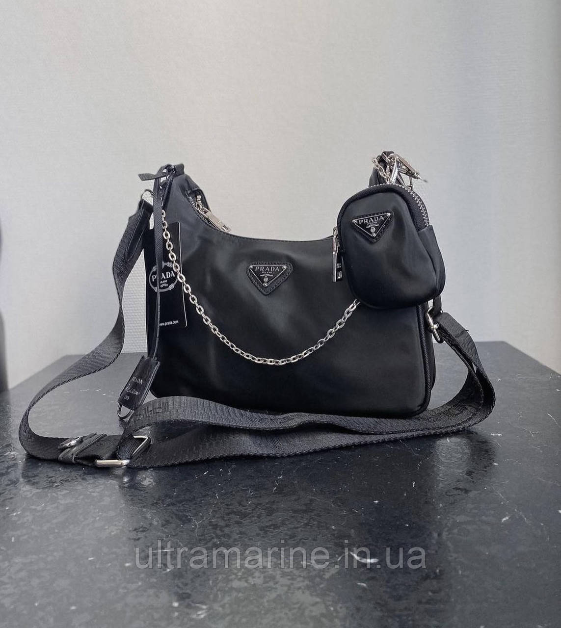 Модна жіноча нейлонова чорна сумка Prada 2 в 1 Прада