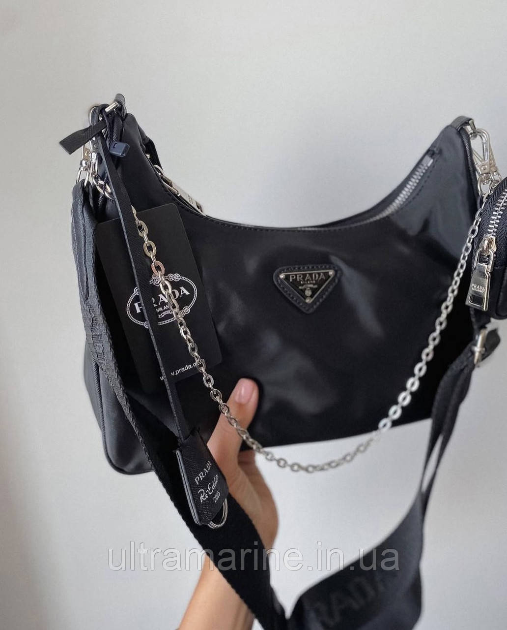Модна жіноча нейлонова чорна сумка Prada 2 в 1 Прада