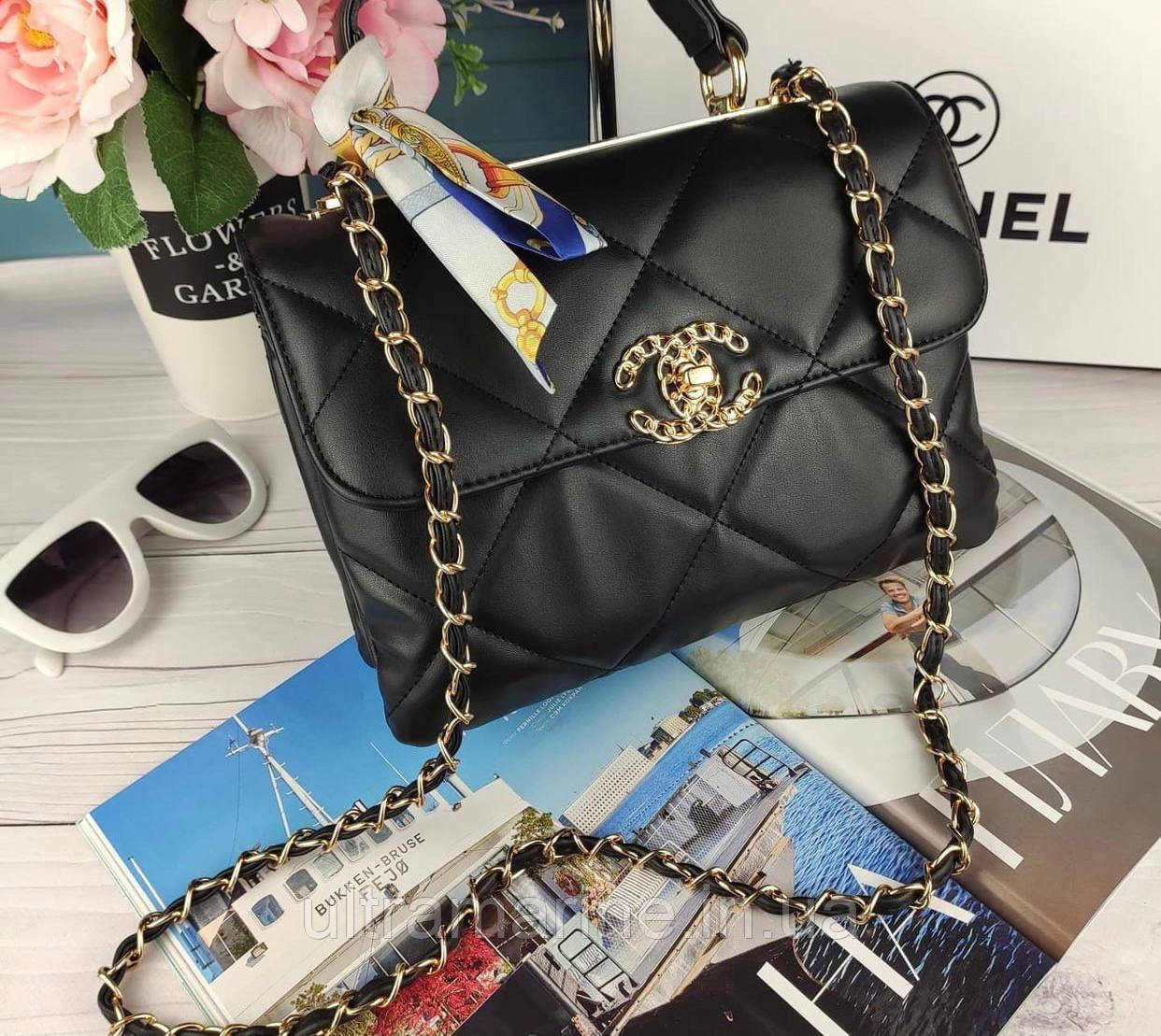 Модна жіноча чорна шкіряна сумка Chanel Шанель