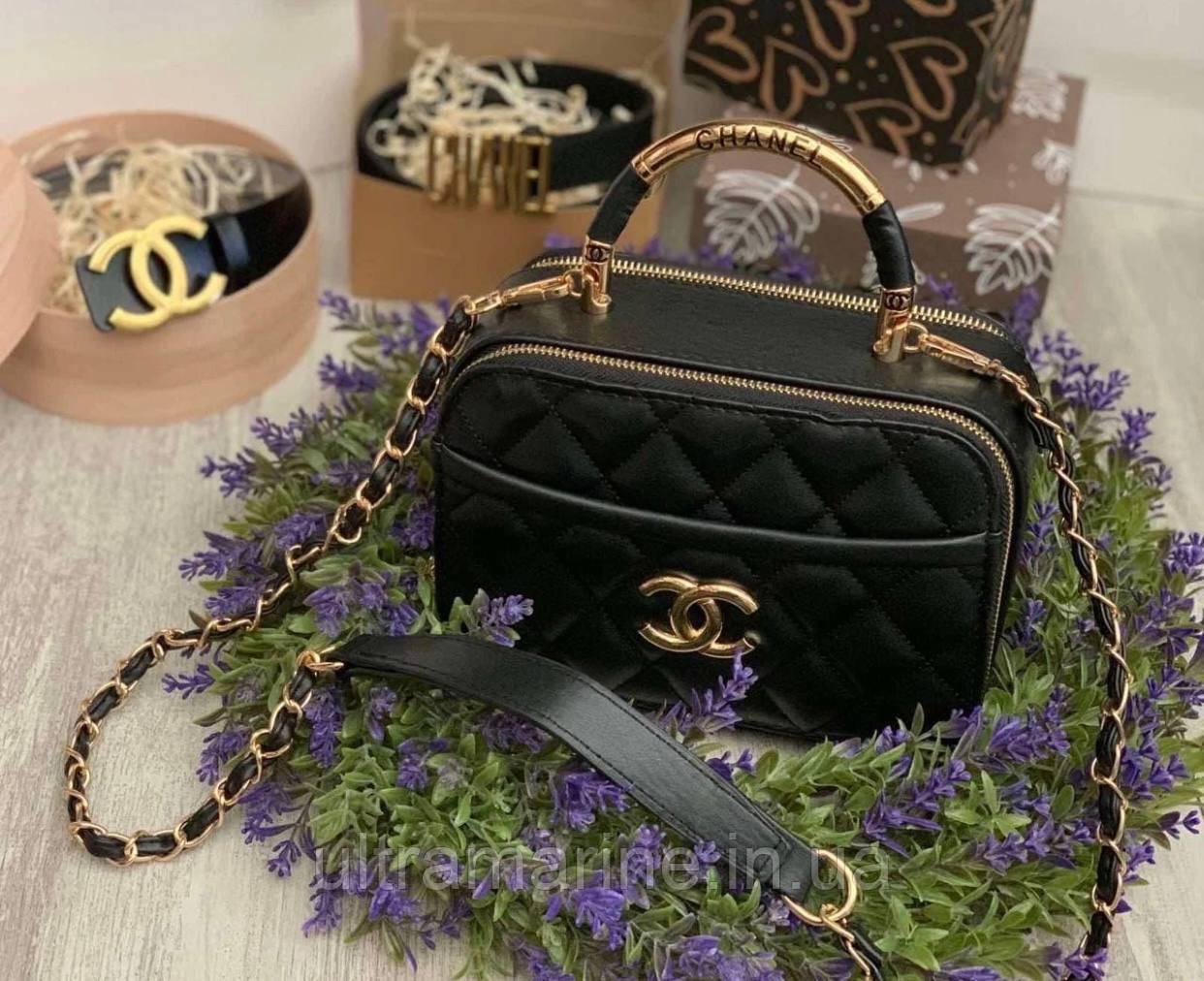 Модна жіноча чорна шкіряна сумка Chanel Шанель
