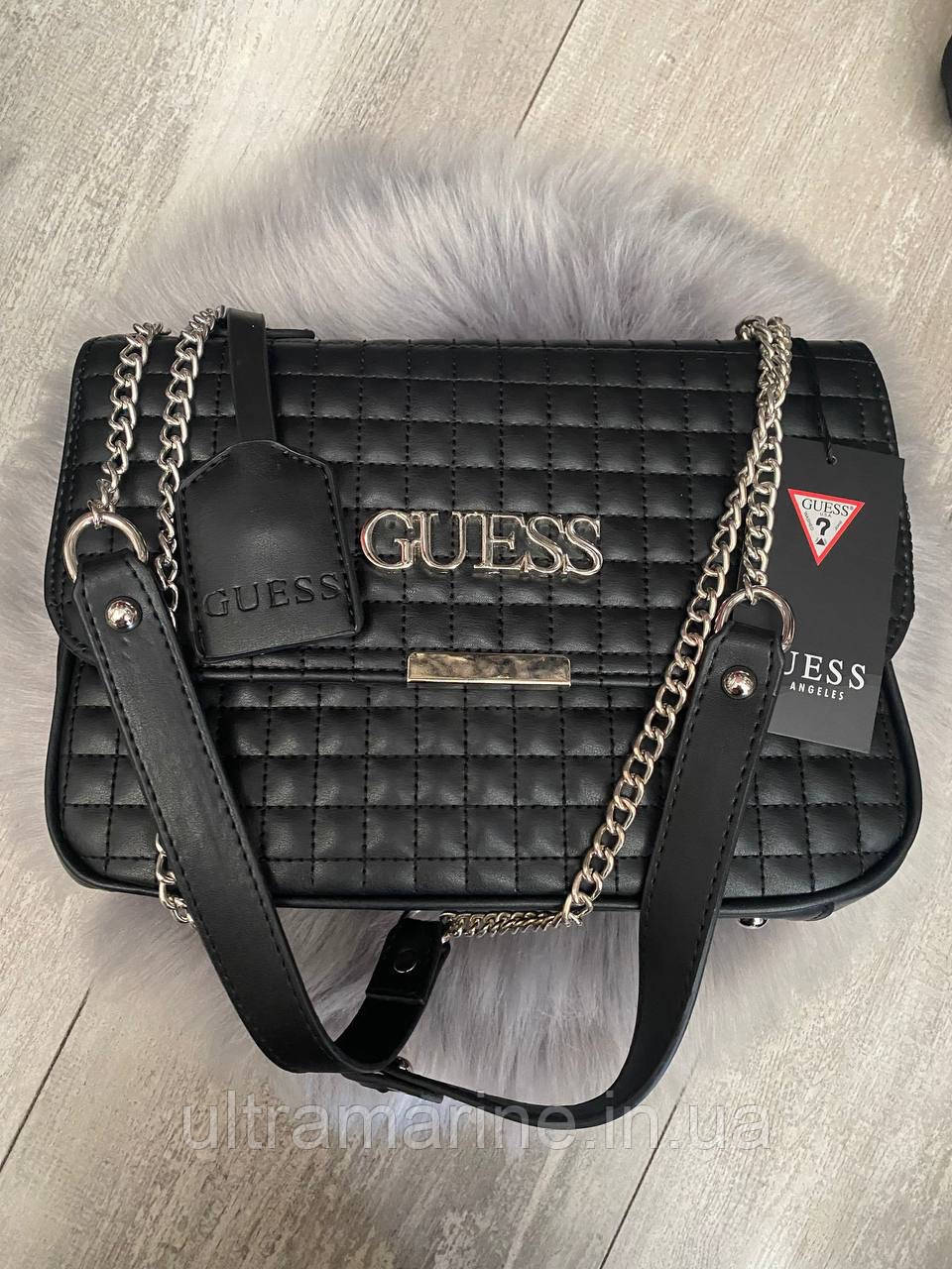 Сумка Guess 28x19х10 см жіноча чорна стьобана Гесс
