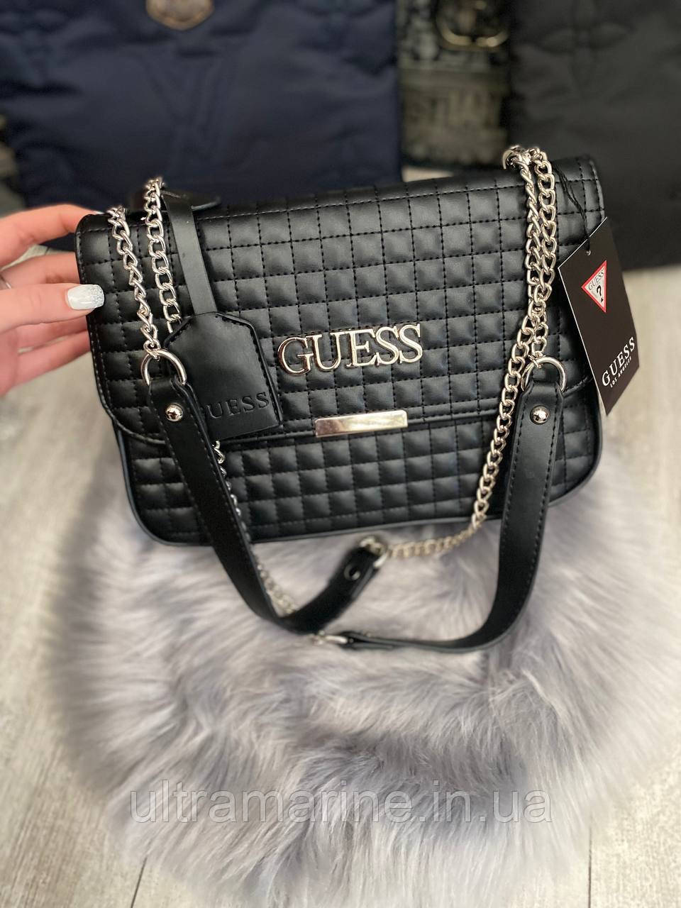 Модна жіноча чорна стьобана сумка Guess 28х19х10 см (якісна копія бренду Гесс, Туреччина)