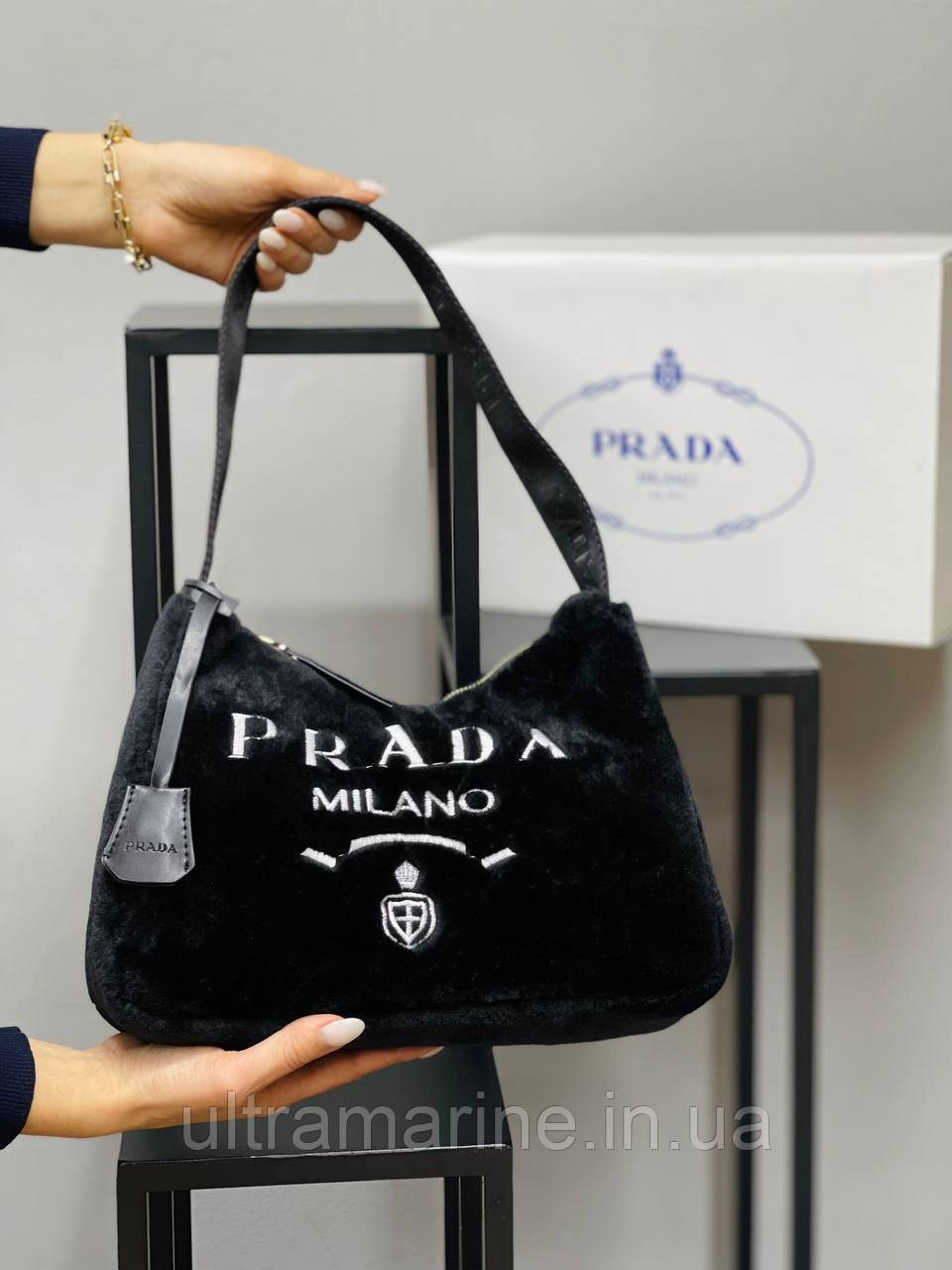 Модна жіноча хутрова чорна сумка Prada Прада
