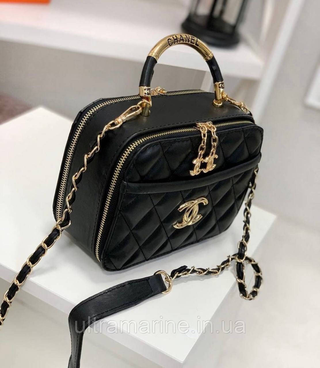 Модна жіноча Чорна шкіряна сумка Chanel Шанель