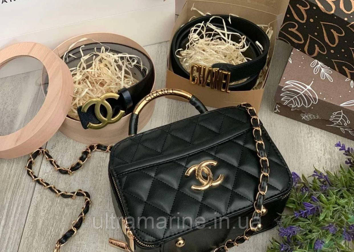 Модна жіноча Чорна шкіряна сумка Chanel Шанель