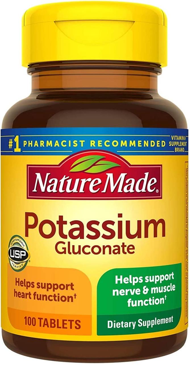 Nature Made Potassium Gluconate калію глюконат 550 мг (90 мг калію) 100 таблеток на 100 днів прийому. До 12/2028
