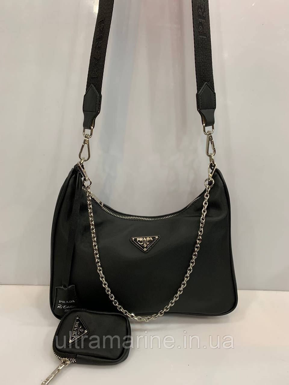 Модна жіноча нейлонова чорна сумка Prada Прада 2 в 1