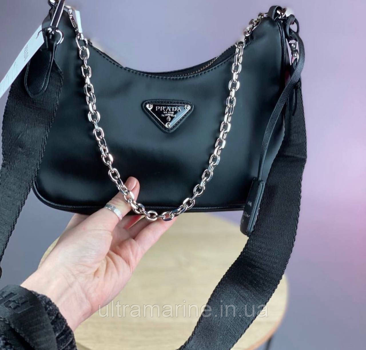 Модна жіноча нейлонова чорна сумка Prada Прада 2 в 1