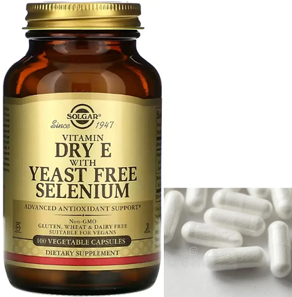 Вітамін Е Solgar Dry Vitamin E with Yeast Free Selenium 100 veg caps, фото 1