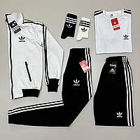 Мужской спортивный костюм Adidas Адидас кофта с молнией штаны и шорты носки в подарок 6в1 черно белый XS